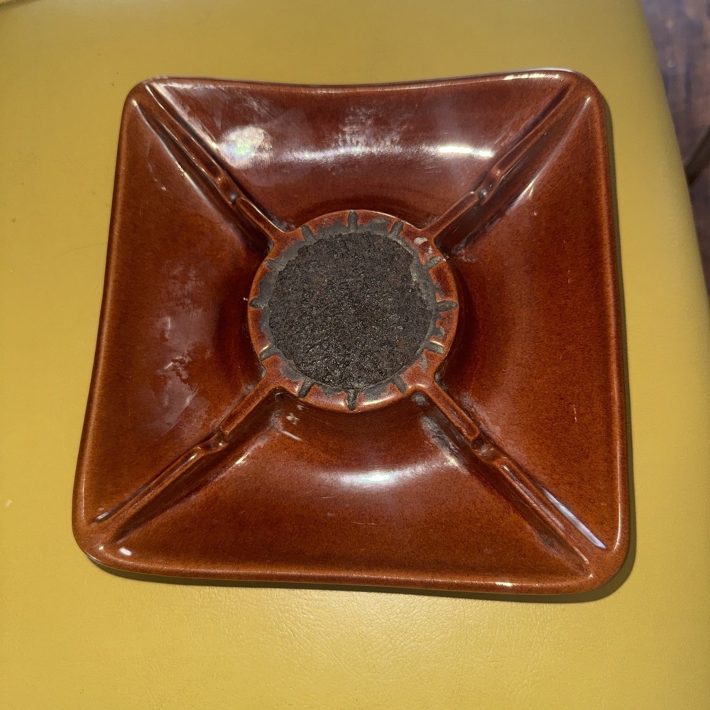 Vintage Frankoma 490 Brown Square Ashtray "W/butt Out Center" MCM Movie Prop